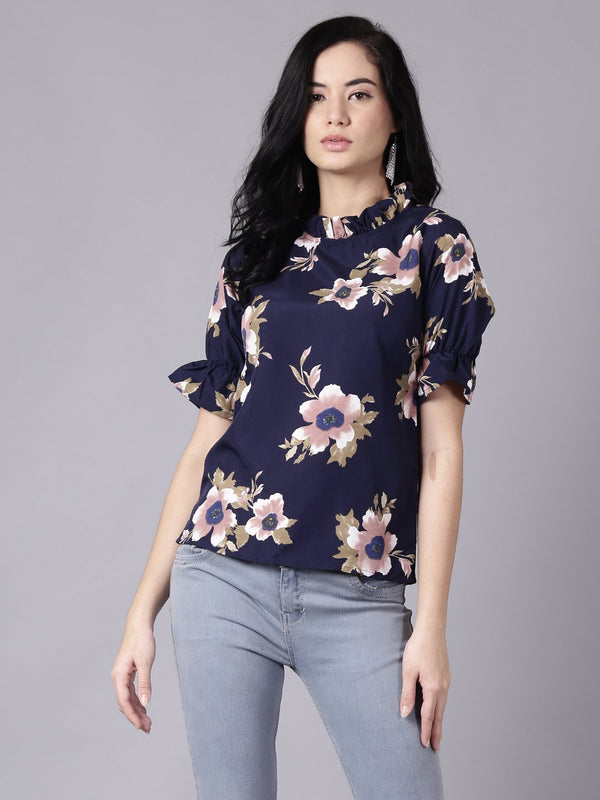 Women Navy Blue Casual Printed High Neck Top | NOZ2TOZ - Made In INDIA.