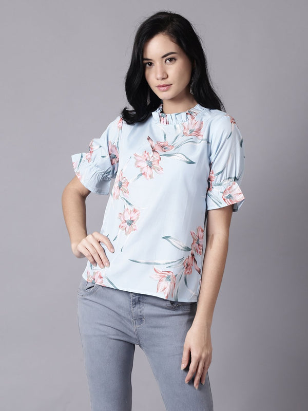 Women Powder Blue Casual Printed High Neck Top | NOZ2TOZ - Made In INDIA.