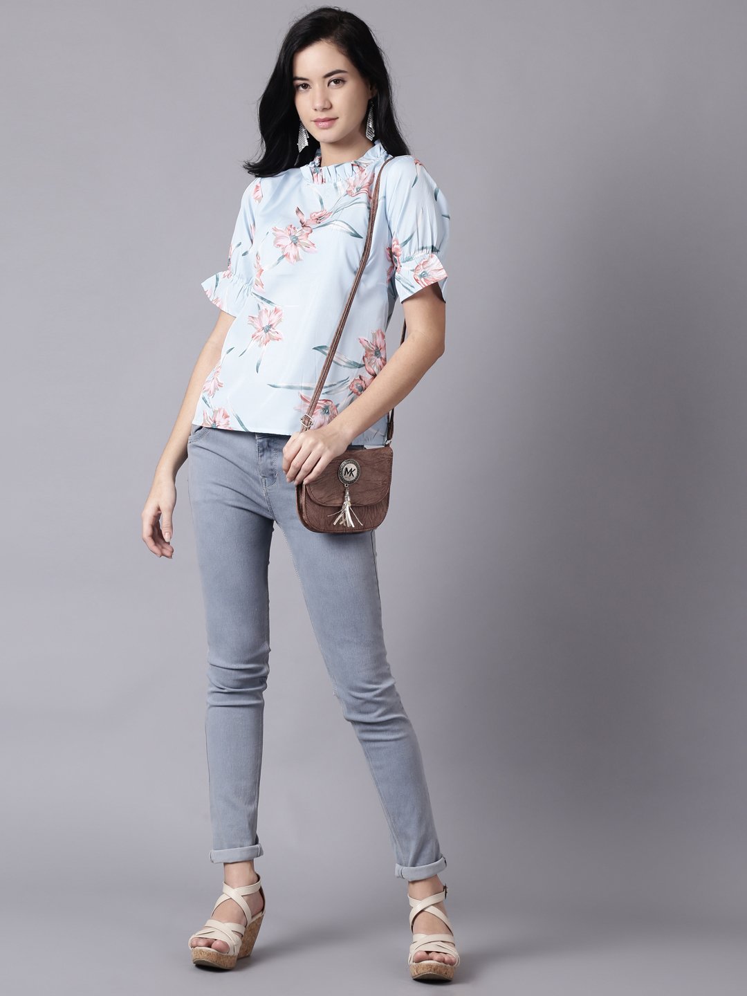 Women Powder Blue Casual Printed High Neck Top | NOZ2TOZ - Made In INDIA.