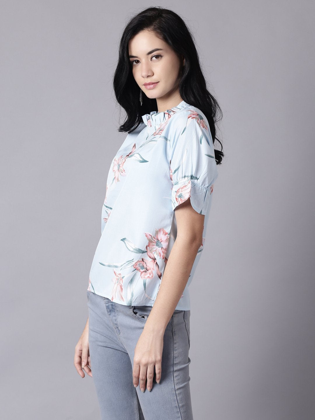 Women Powder Blue Casual Printed High Neck Top | NOZ2TOZ - Made In INDIA.