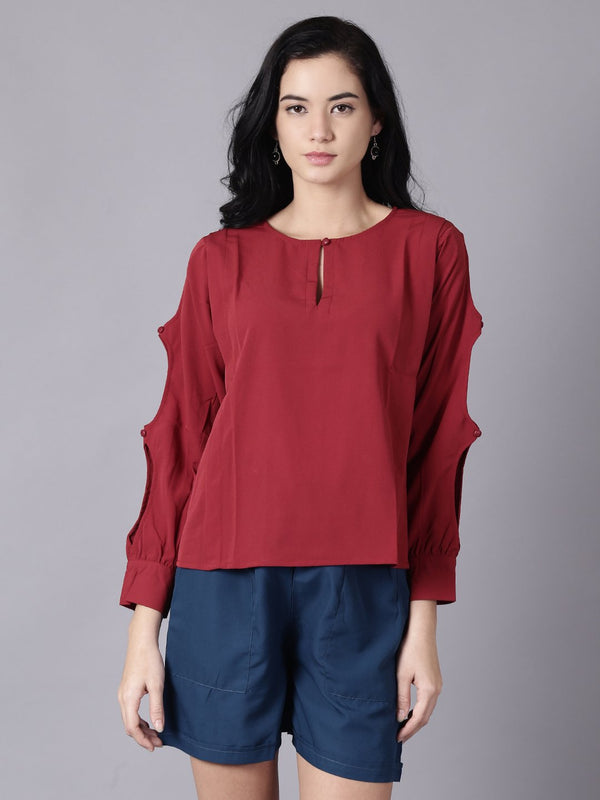 Women maroon Casual Solid Keyhole Neck Top | NOZ2TOZ - Made In INDIA.