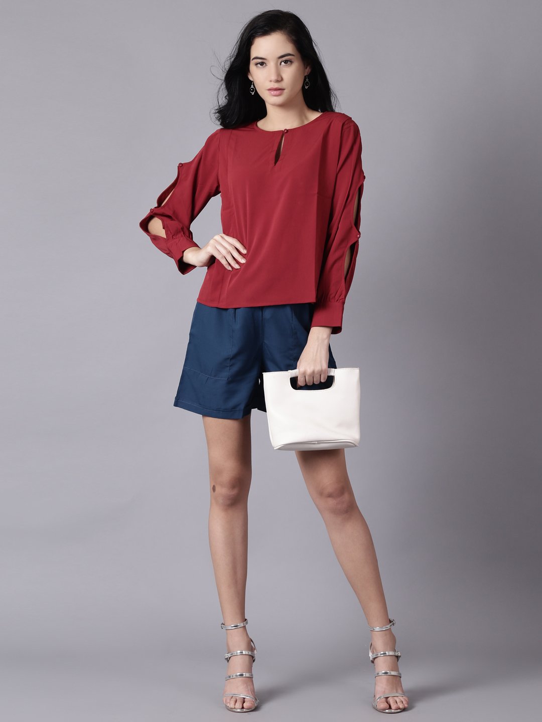 Women maroon Casual Solid Keyhole Neck Top | NOZ2TOZ - Made In INDIA.