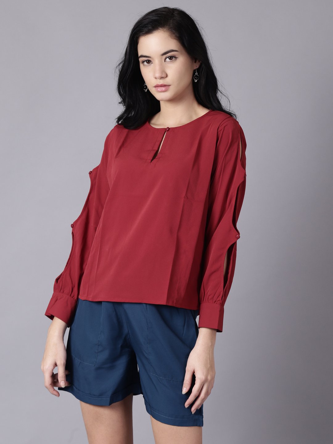 Women maroon Casual Solid Keyhole Neck Top | NOZ2TOZ - Made In INDIA.