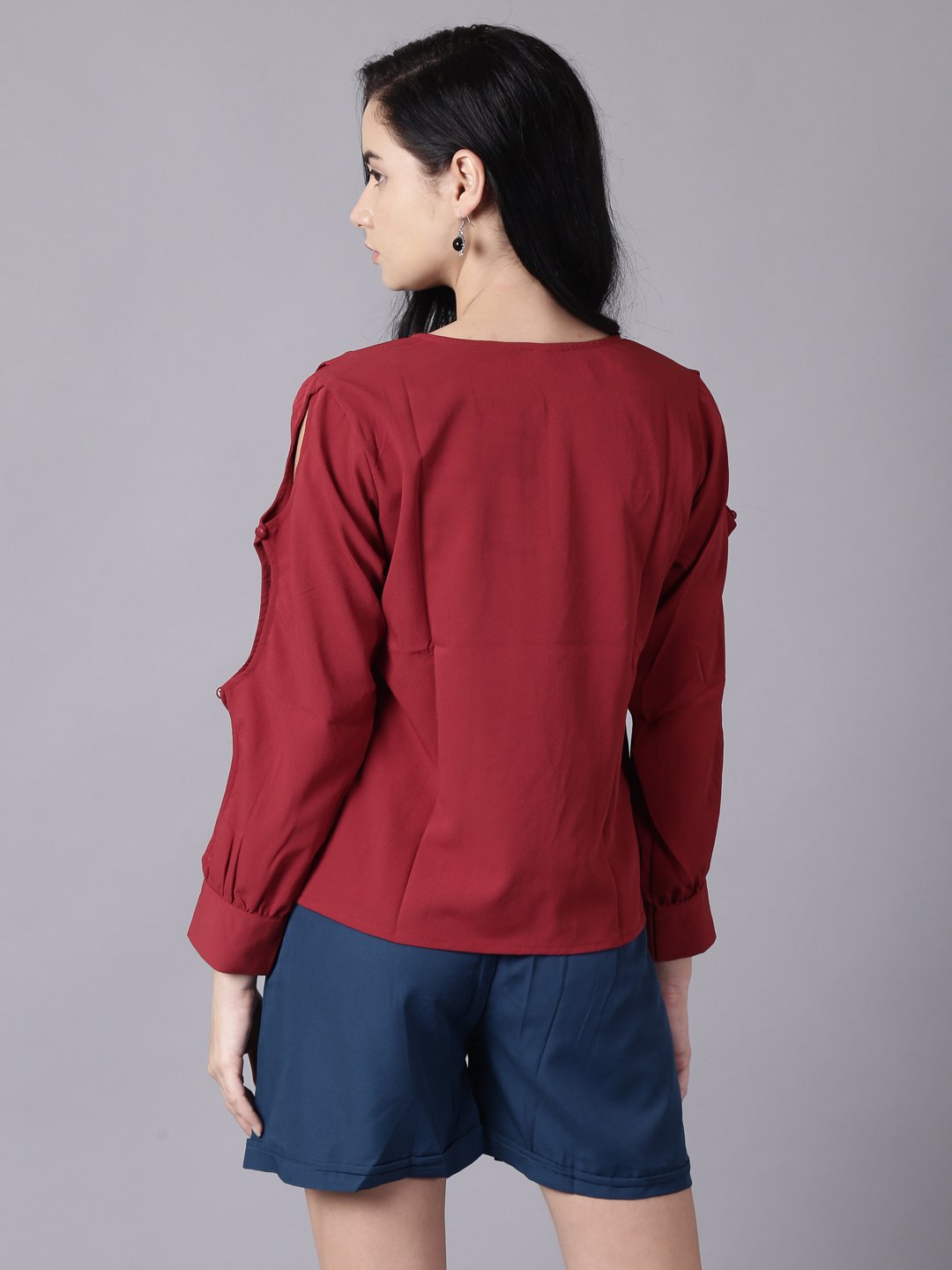 Women maroon Casual Solid Keyhole Neck Top | NOZ2TOZ - Made In INDIA.