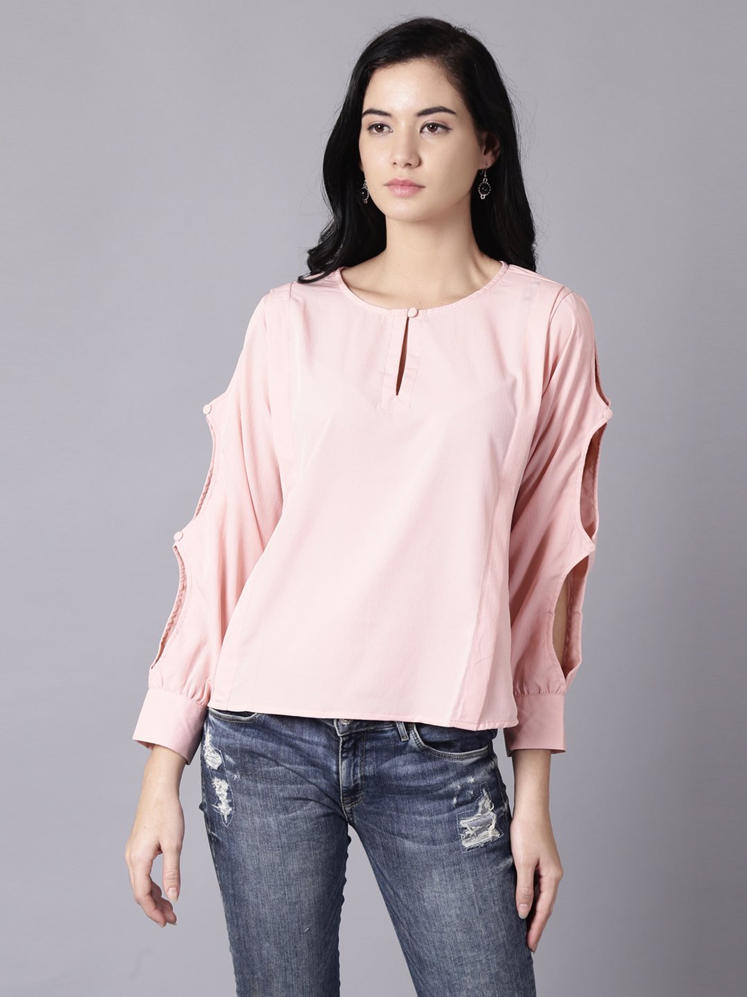 Women Pink Casual Solid Keyhole Neck Top | NOZ2TOZ - Made In INDIA.