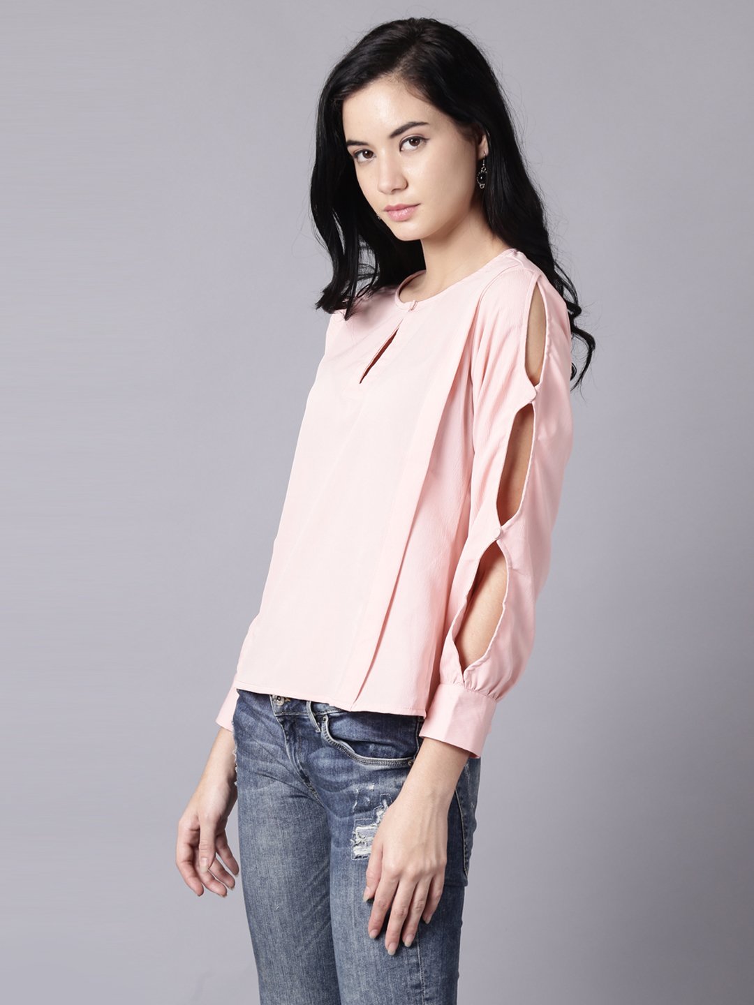 Women Pink Casual Solid Keyhole Neck Top | NOZ2TOZ - Made In INDIA.