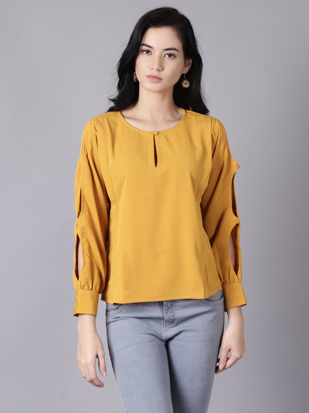 Women Mustard yellow Casual Solid Keyhole Neck Top | NOZ2TOZ - Made In INDIA.