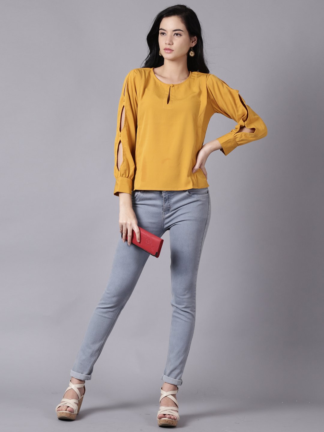 Women Mustard yellow Casual Solid Keyhole Neck Top | NOZ2TOZ - Made In INDIA.