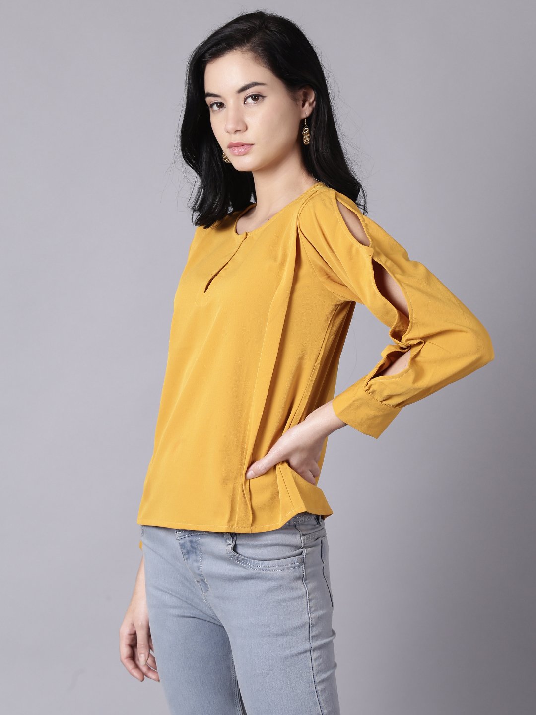 Women Mustard yellow Casual Solid Keyhole Neck Top | NOZ2TOZ - Made In INDIA.