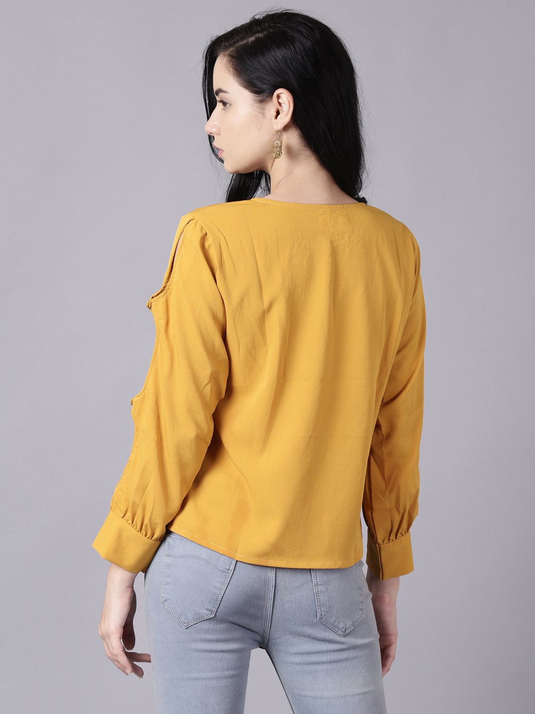 Women Mustard yellow Casual Solid Keyhole Neck Top | NOZ2TOZ - Made In INDIA.