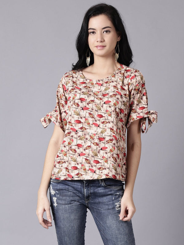 Women Beige Casual Printed Round Neck Top | NOZ2TOZ - Made In INDIA.