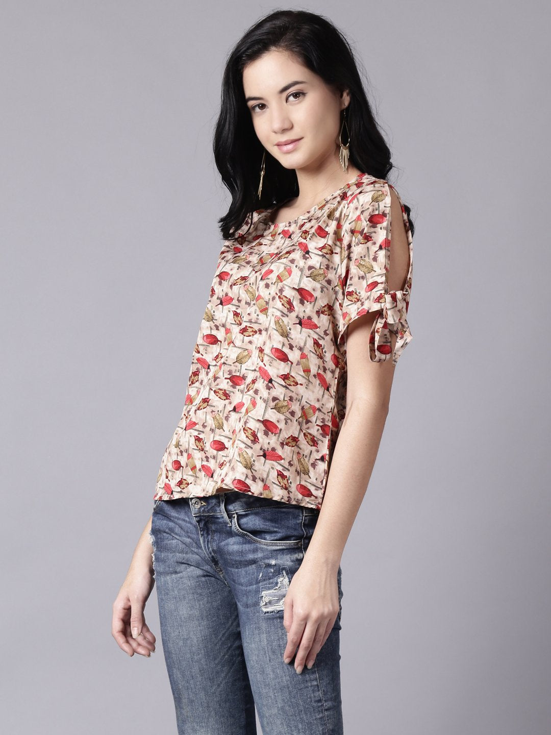 Women Beige Casual Printed Round Neck Top | NOZ2TOZ - Made In INDIA.