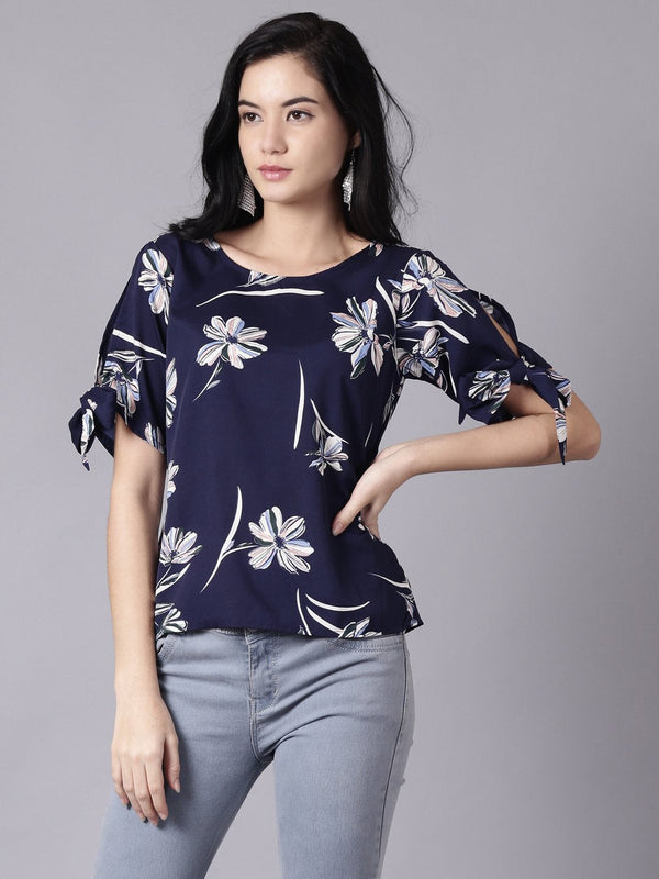 Women Navy Blue Casual Printed Round Neck Top | NOZ2TOZ - Made In INDIA.