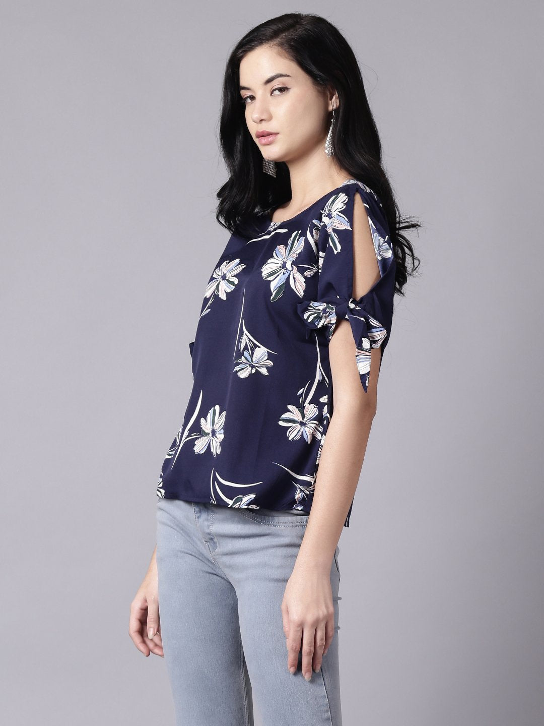 Women Navy Blue Casual Printed Round Neck Top | NOZ2TOZ - Made In INDIA.