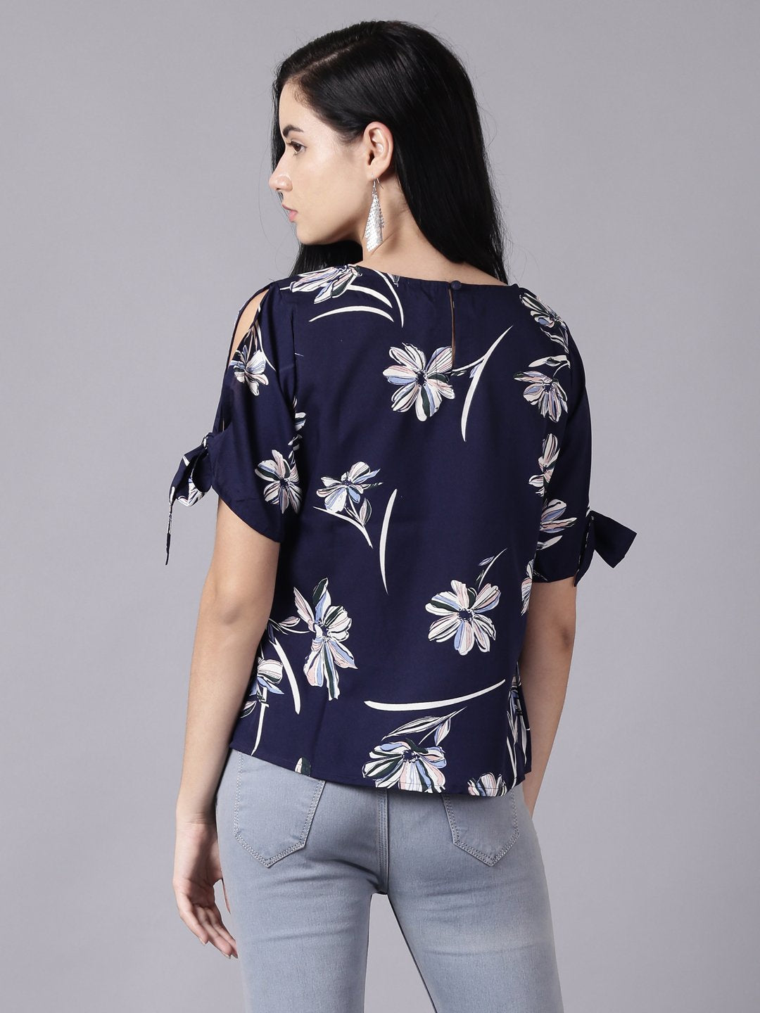 Women Navy Blue Casual Printed Round Neck Top | NOZ2TOZ - Made In INDIA.