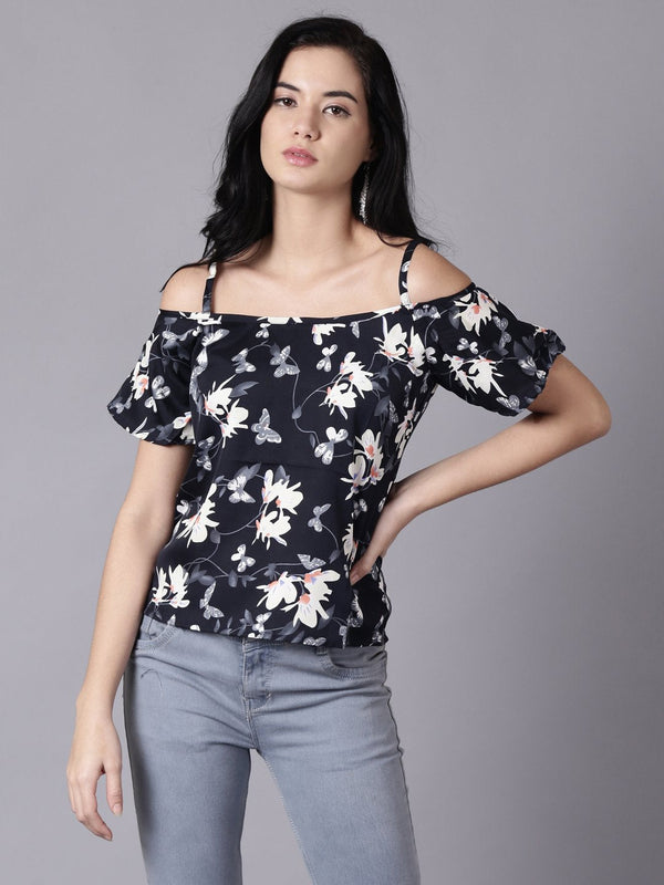 Women Navy Blue Casual Printed Shoulder Straps Top | NOZ2TOZ - Made In INDIA.