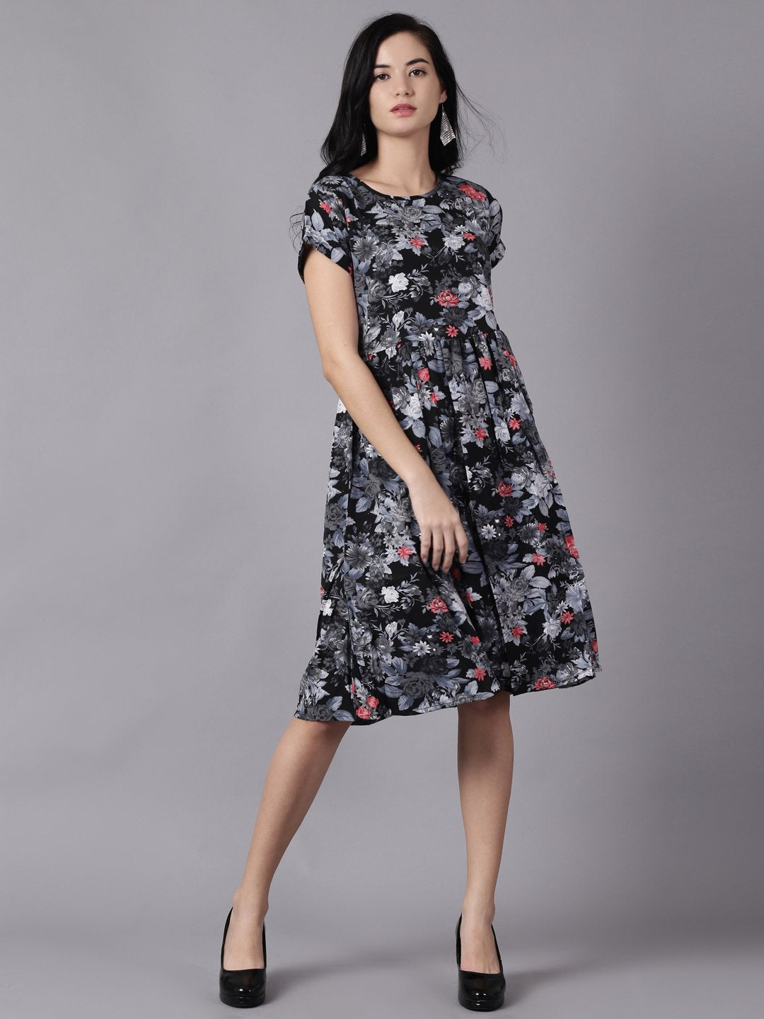 Women Black Floral Printed Round Neck A-Line Dress | NOZ2TOZ - Made In INDIA.