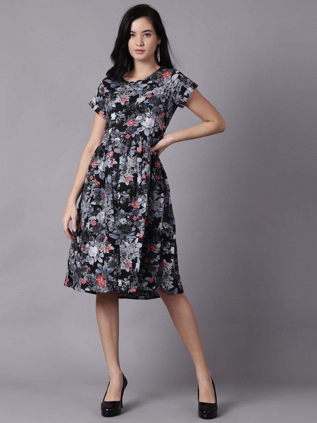 Women Black Floral Printed Round Neck A-Line Dress | NOZ2TOZ - Made In INDIA.