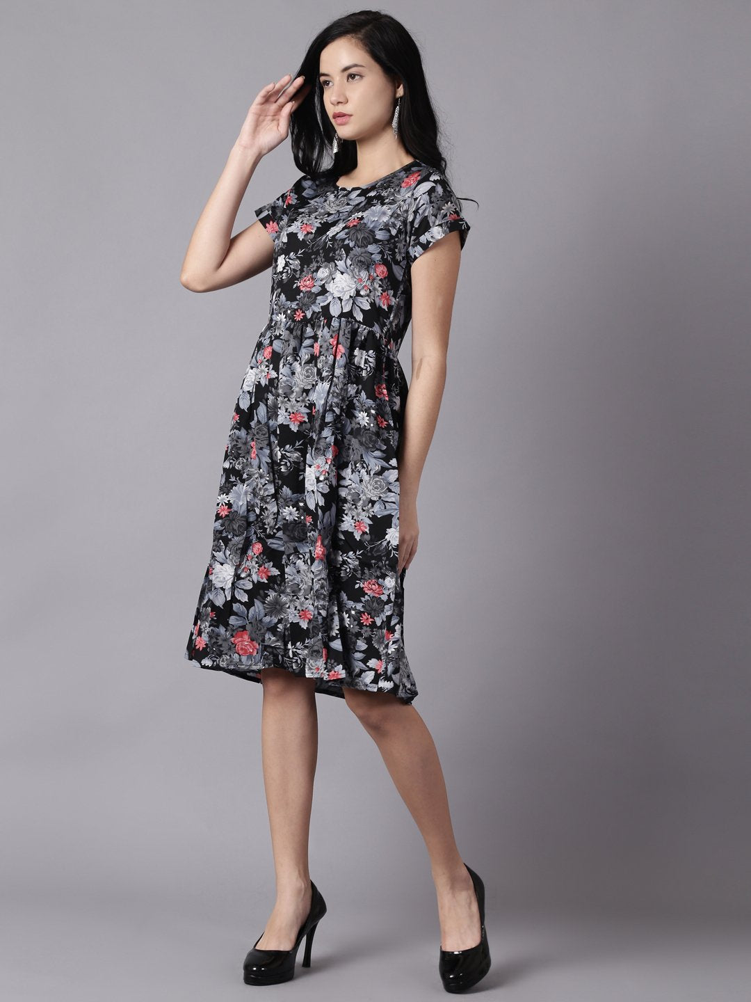 Women Black Floral Printed Round Neck A-Line Dress | NOZ2TOZ - Made In INDIA.