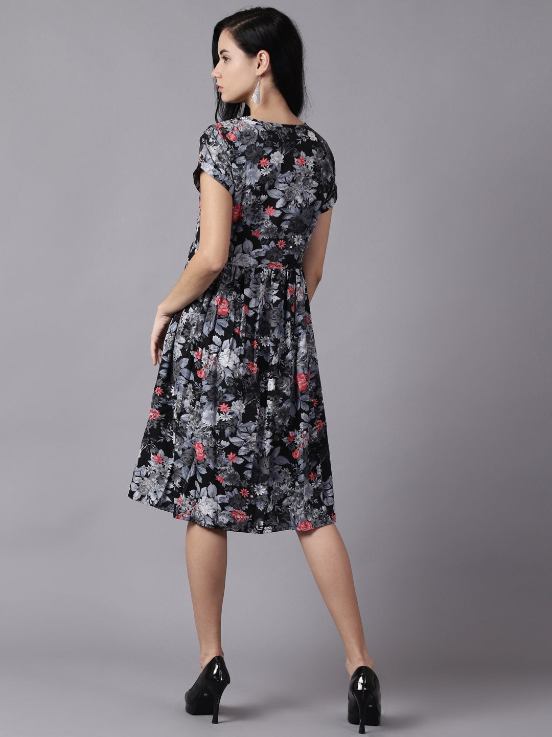 Women Black Floral Printed Round Neck A-Line Dress | NOZ2TOZ - Made In INDIA.