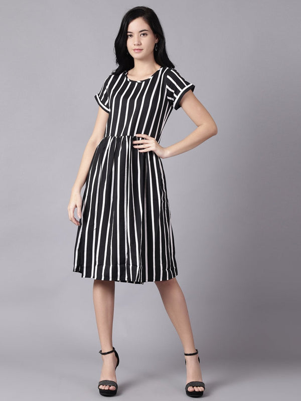 Women Black Striped Striped Round Neck A-Line Dress | NOZ2TOZ - Made In INDIA.