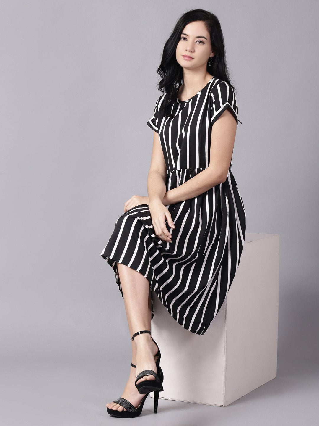 Women Black Striped Striped Round Neck A-Line Dress | NOZ2TOZ - Made In INDIA.