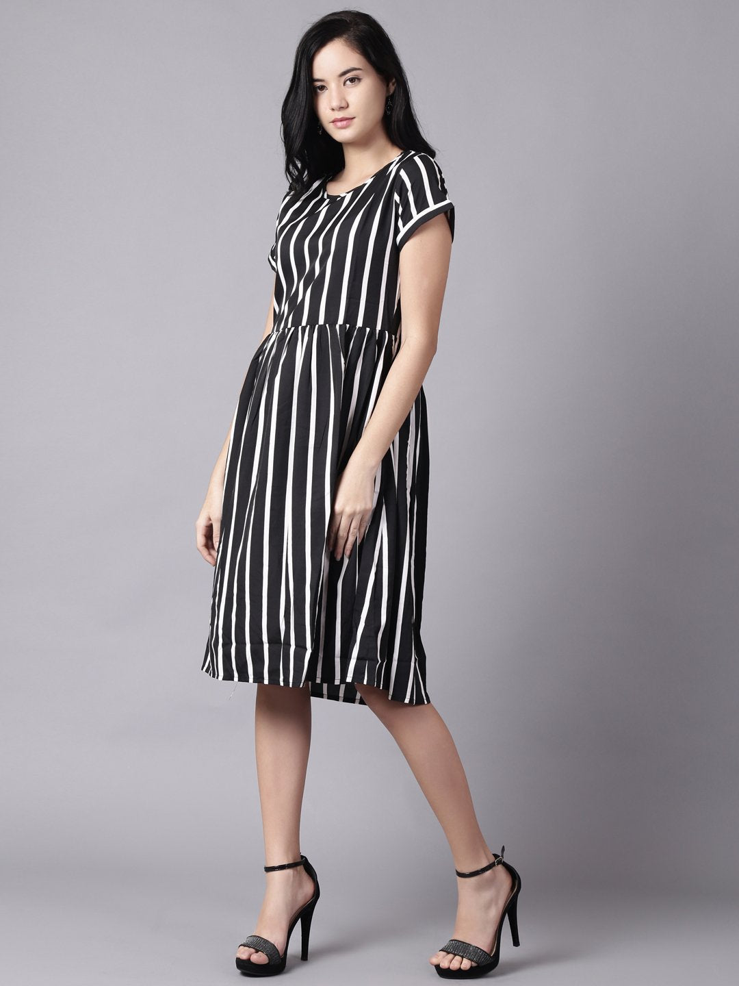 Women Black Striped Striped Round Neck A-Line Dress | NOZ2TOZ - Made In INDIA.