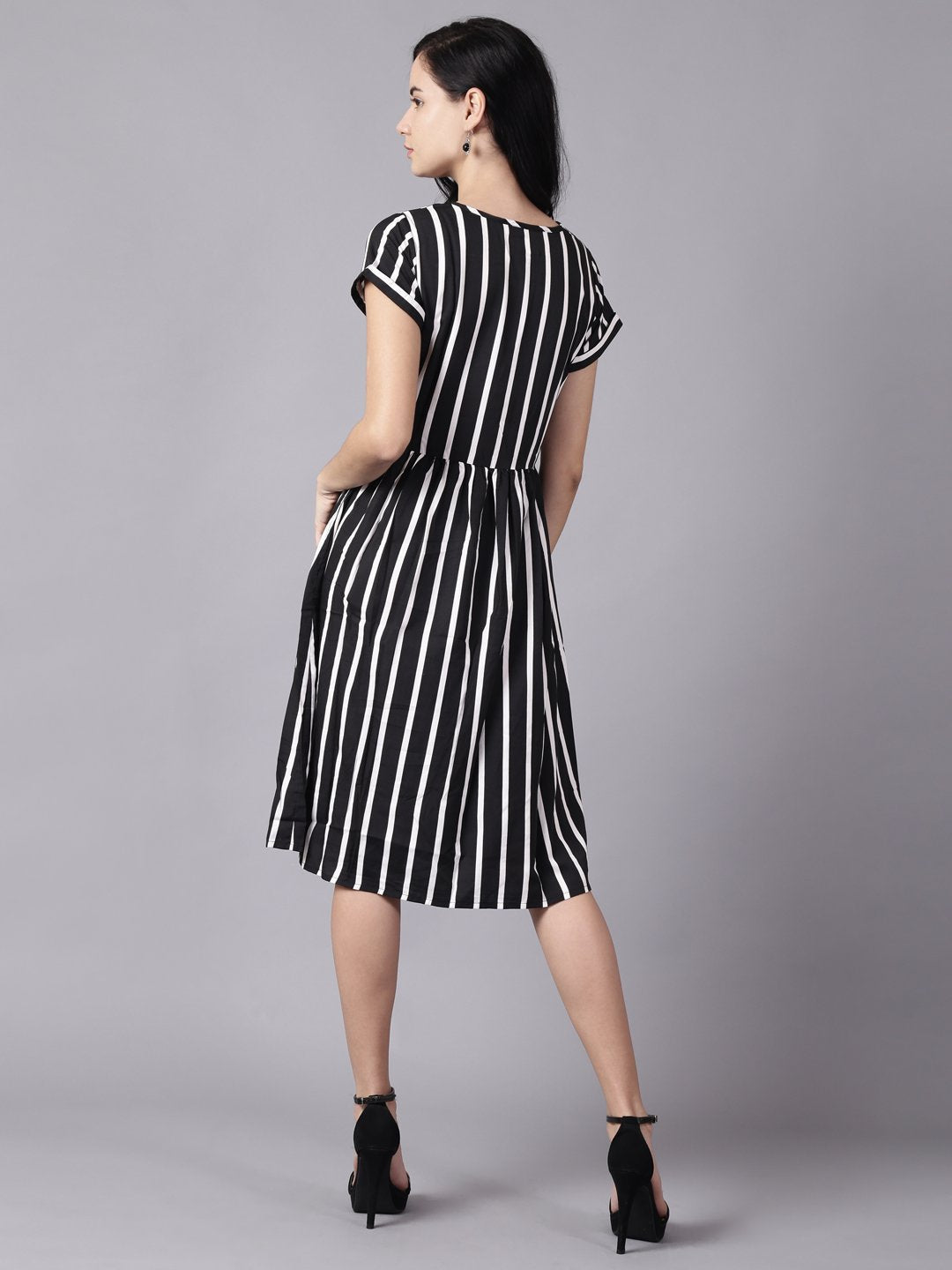 Women Black Striped Striped Round Neck A-Line Dress | NOZ2TOZ - Made In INDIA.