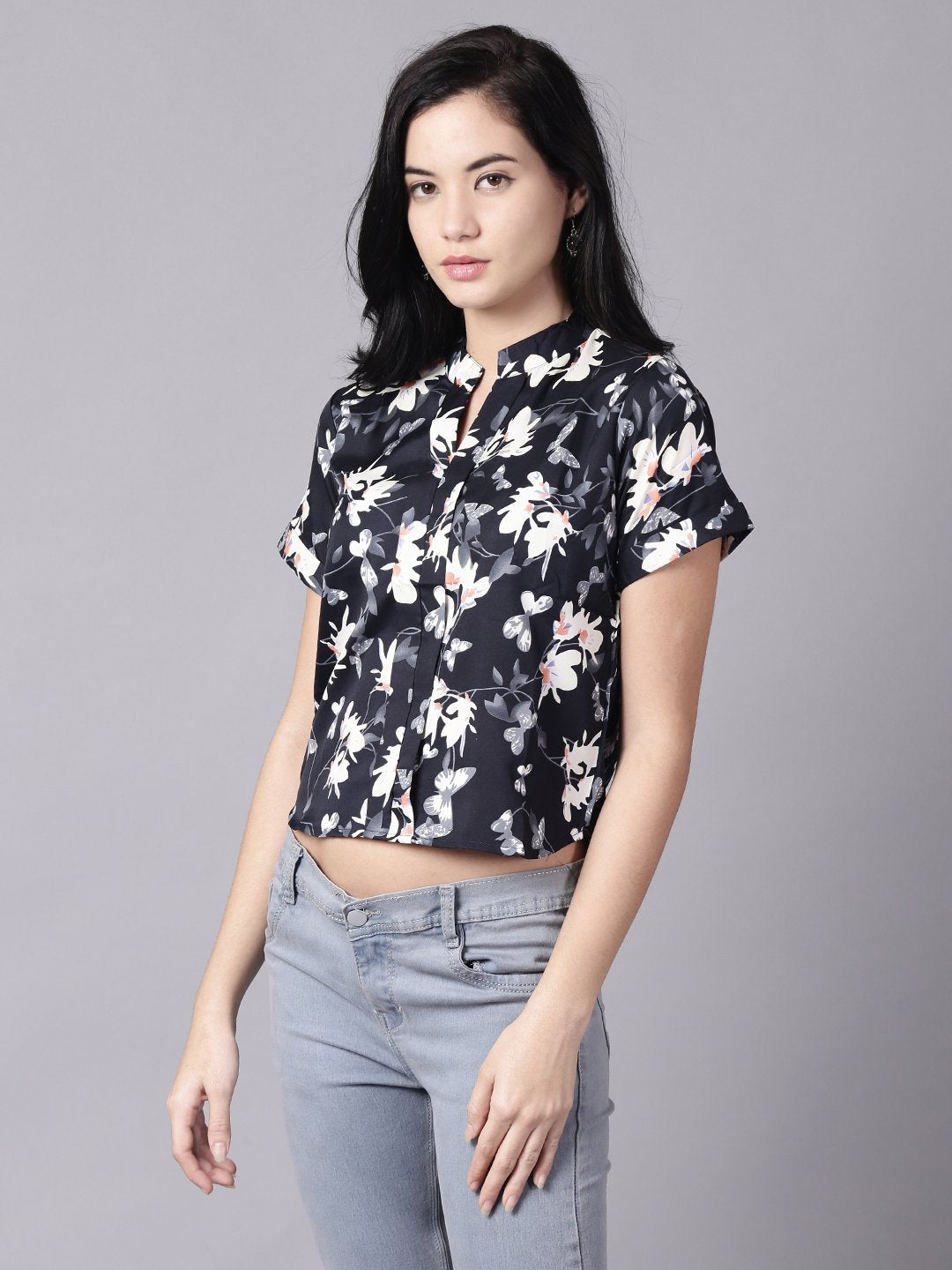 Women Navy Blue Casual Printed Mandarin Collar Top | NOZ2TOZ - Made In INDIA.