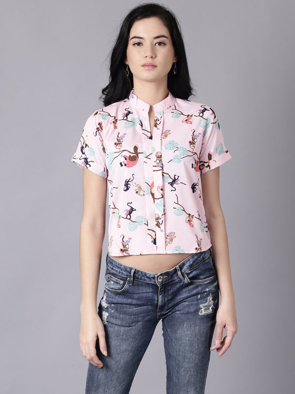 Women Baby Pink Casual Printed Mandarin Collar Top | NOZ2TOZ - Made In INDIA.