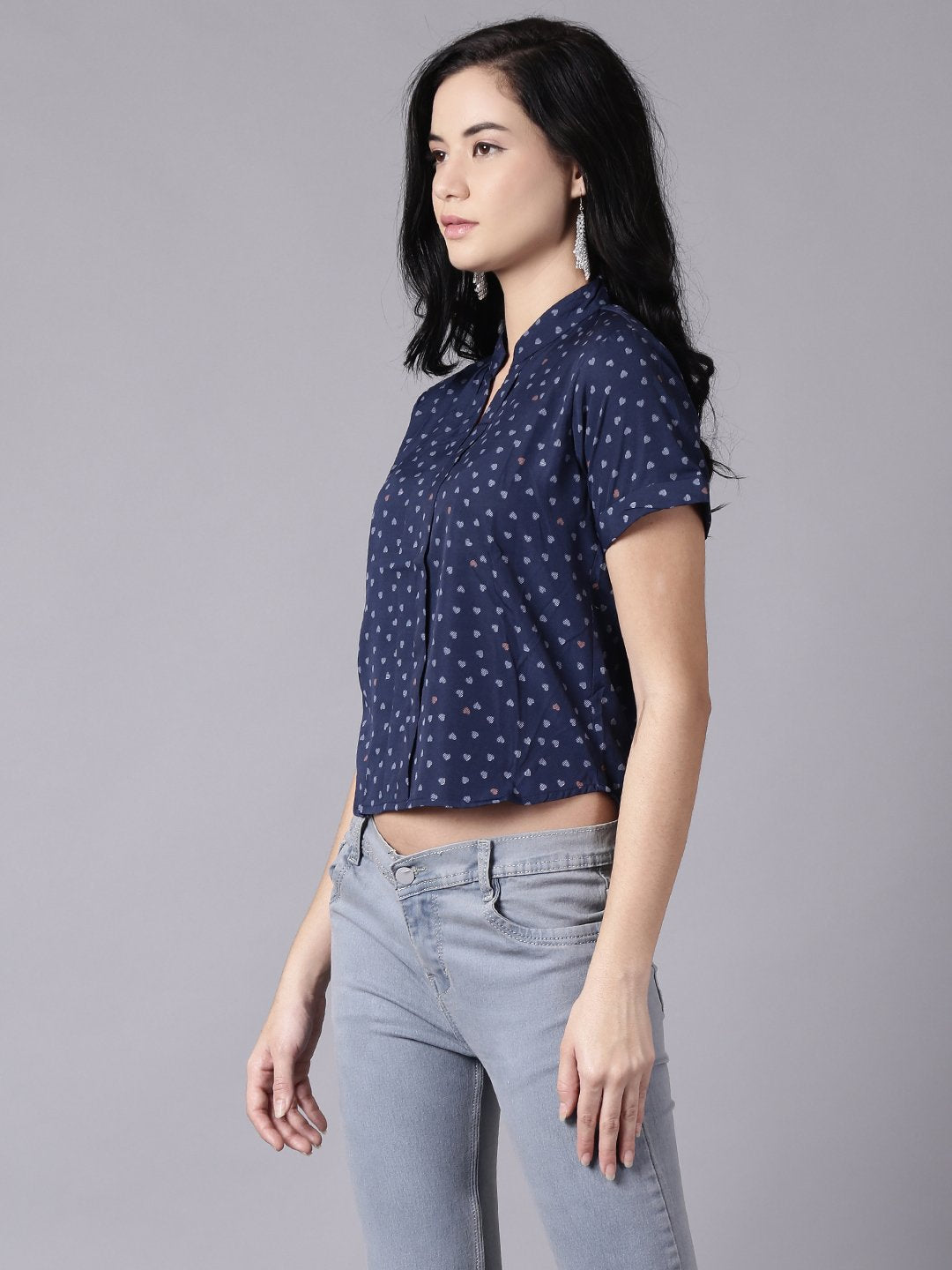 Women Ink Blue Casual Printed Mandarin Collar Top | NOZ2TOZ - Made In INDIA.