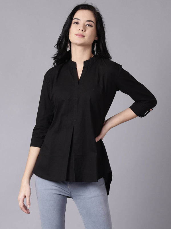 Women Black Casual Printed Mandarin Collar Top | NOZ2TOZ - Made In INDIA.