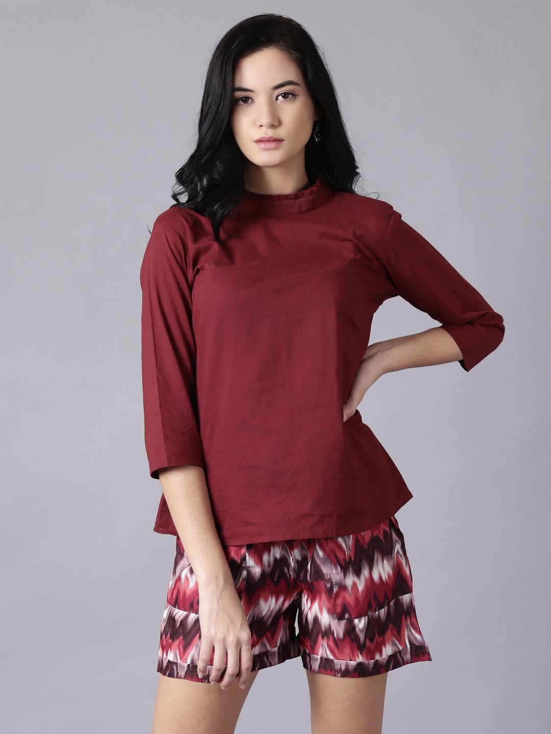 Women maroon Casual Printed High Neck Top | NOZ2TOZ - Made In INDIA.