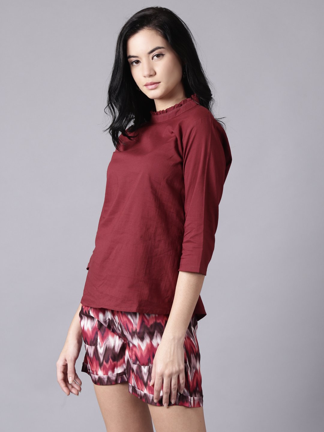 Women maroon Casual Printed High Neck Top | NOZ2TOZ - Made In INDIA.