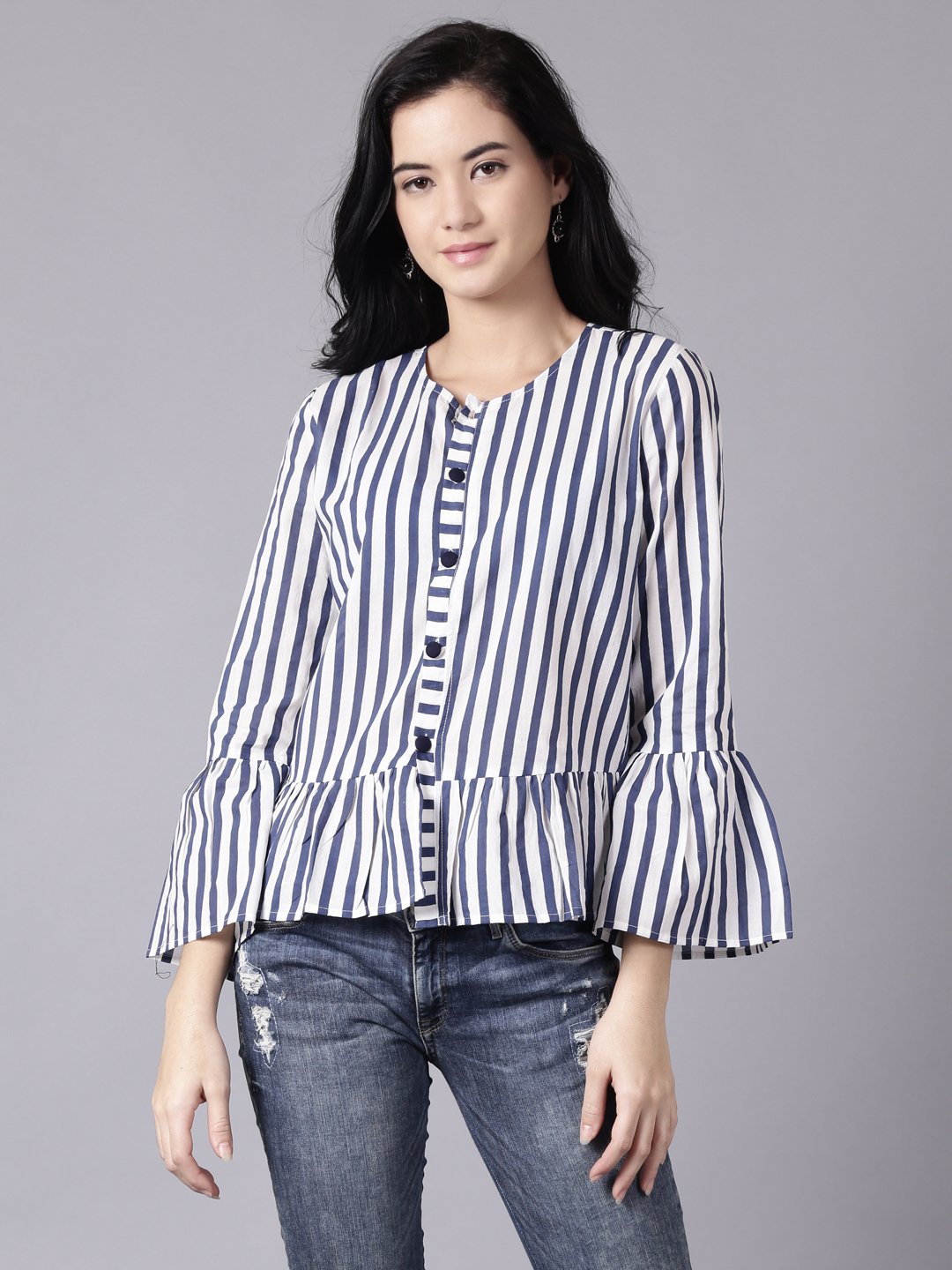 Women White Casual Striped Round Neck Top | NOZ2TOZ - Made In INDIA.