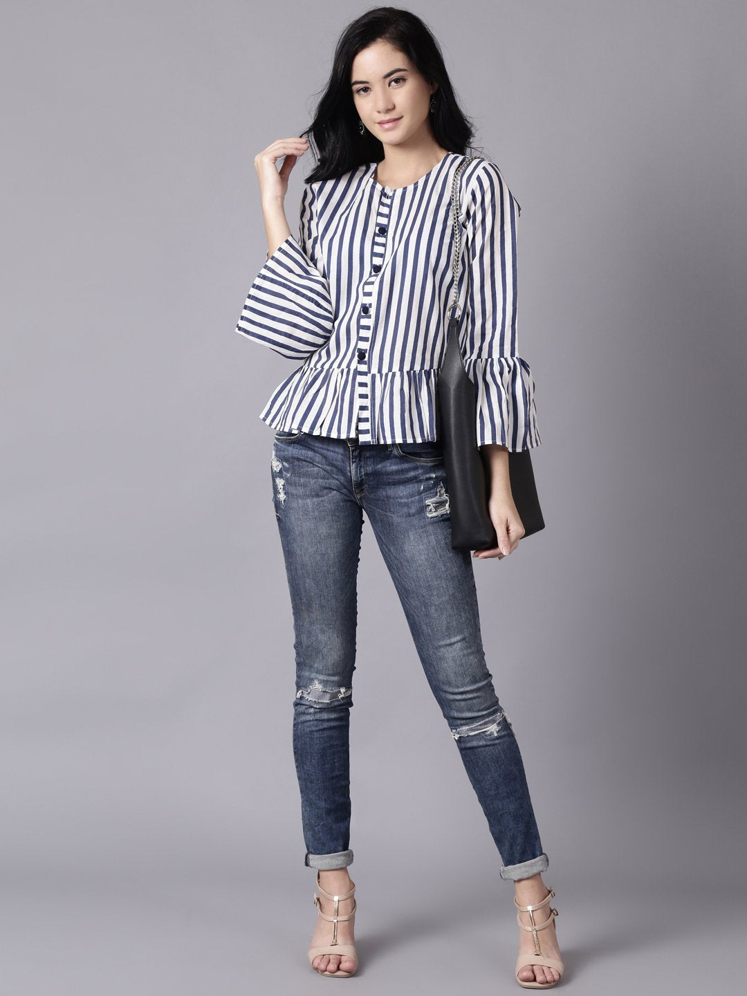 Women White Casual Striped Round Neck Top | NOZ2TOZ - Made In INDIA.