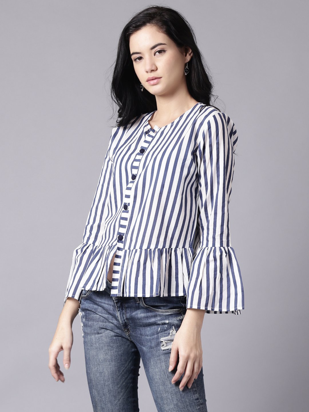 Women White Casual Striped Round Neck Top | NOZ2TOZ - Made In INDIA.