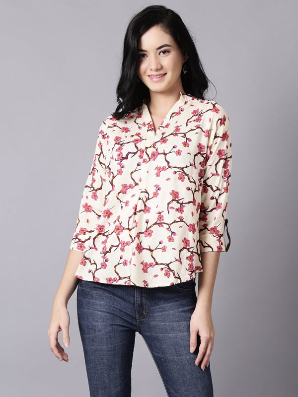 Women Cream Casual Printed Mandarin Collar Top | NOZ2TOZ - Made In INDIA.