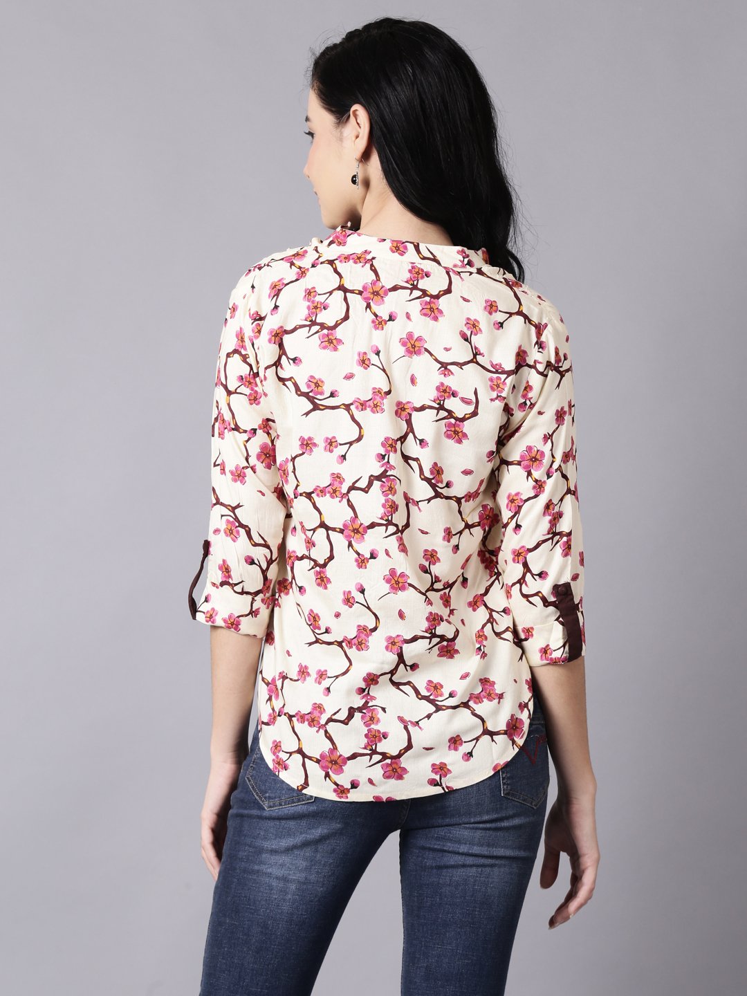 Women Cream Casual Printed Mandarin Collar Top | NOZ2TOZ - Made In INDIA.