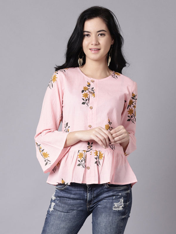 Women Baby Pink Casual Printed Round Neck Top | NOZ2TOZ - Made In INDIA.