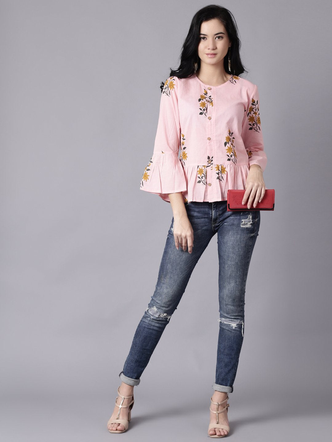 Women Baby Pink Casual Printed Round Neck Top | NOZ2TOZ - Made In INDIA.