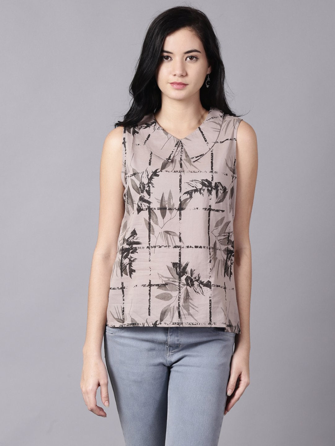 Women Grey Casual Printed Peter Pan Collar Top | NOZ2TOZ - Made In INDIA.