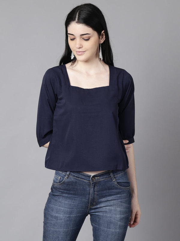 Women Navy Blue Casual Solid Square Neck Top | NOZ2TOZ - Made In INDIA.