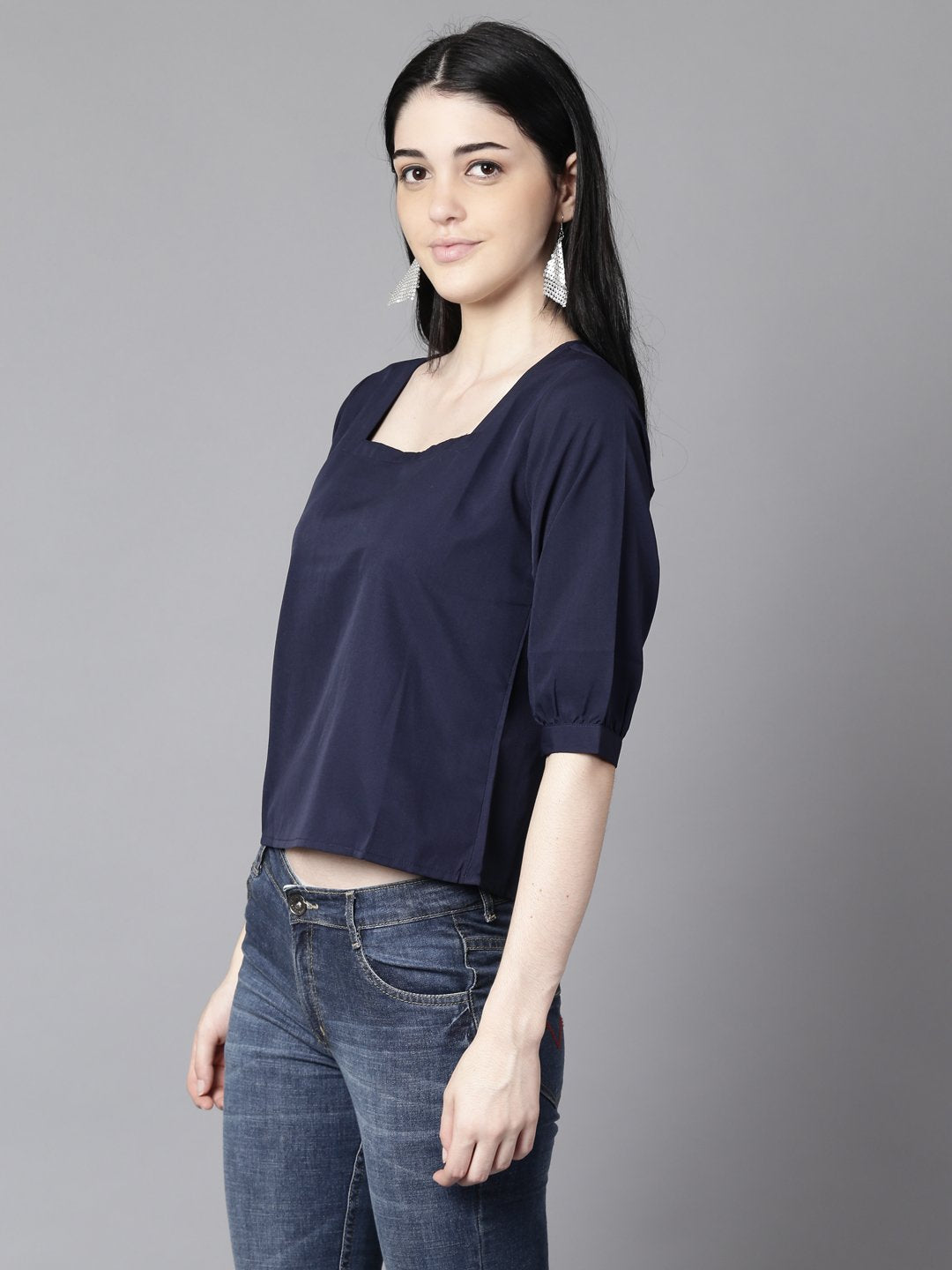 Women Navy Blue Casual Solid Square Neck Top | NOZ2TOZ - Made In INDIA.