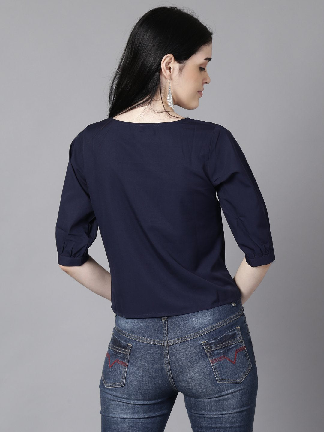 Women Navy Blue Casual Solid Square Neck Top | NOZ2TOZ - Made In INDIA.