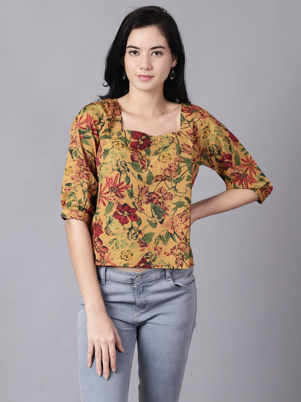 Women Mustard yellow Casual Printed Square Neck Top | NOZ2TOZ - Made In INDIA.