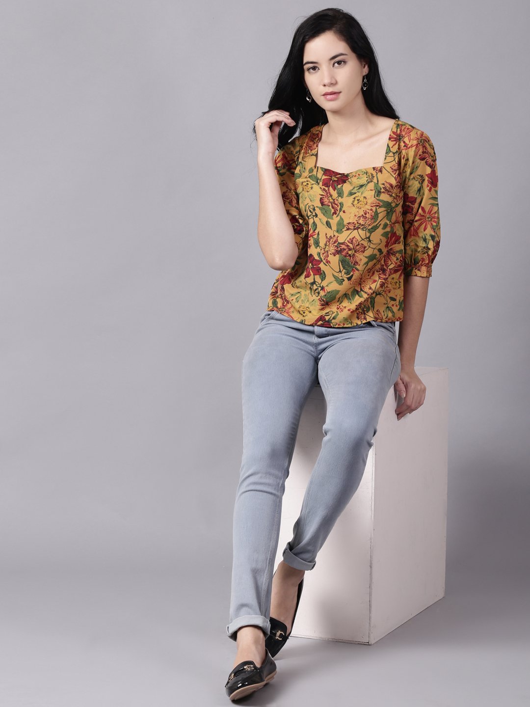 Women Mustard yellow Casual Printed Square Neck Top | NOZ2TOZ - Made In INDIA.