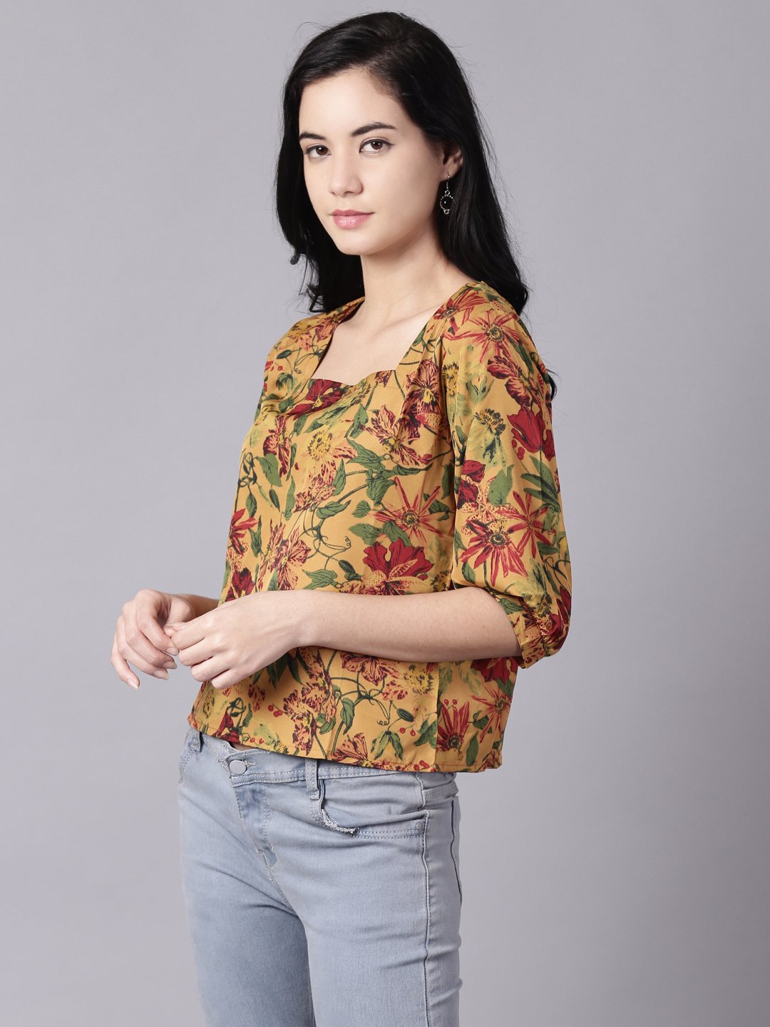 Women Mustard yellow Casual Printed Square Neck Top | NOZ2TOZ - Made In INDIA.