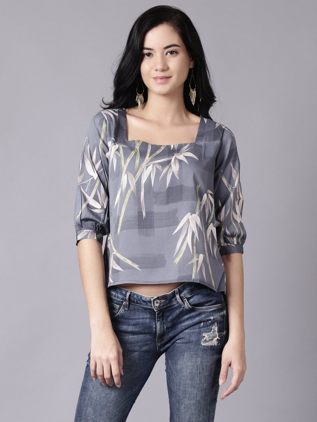 Women Grey Casual Printed Square Neck Top | NOZ2TOZ - Made In INDIA.