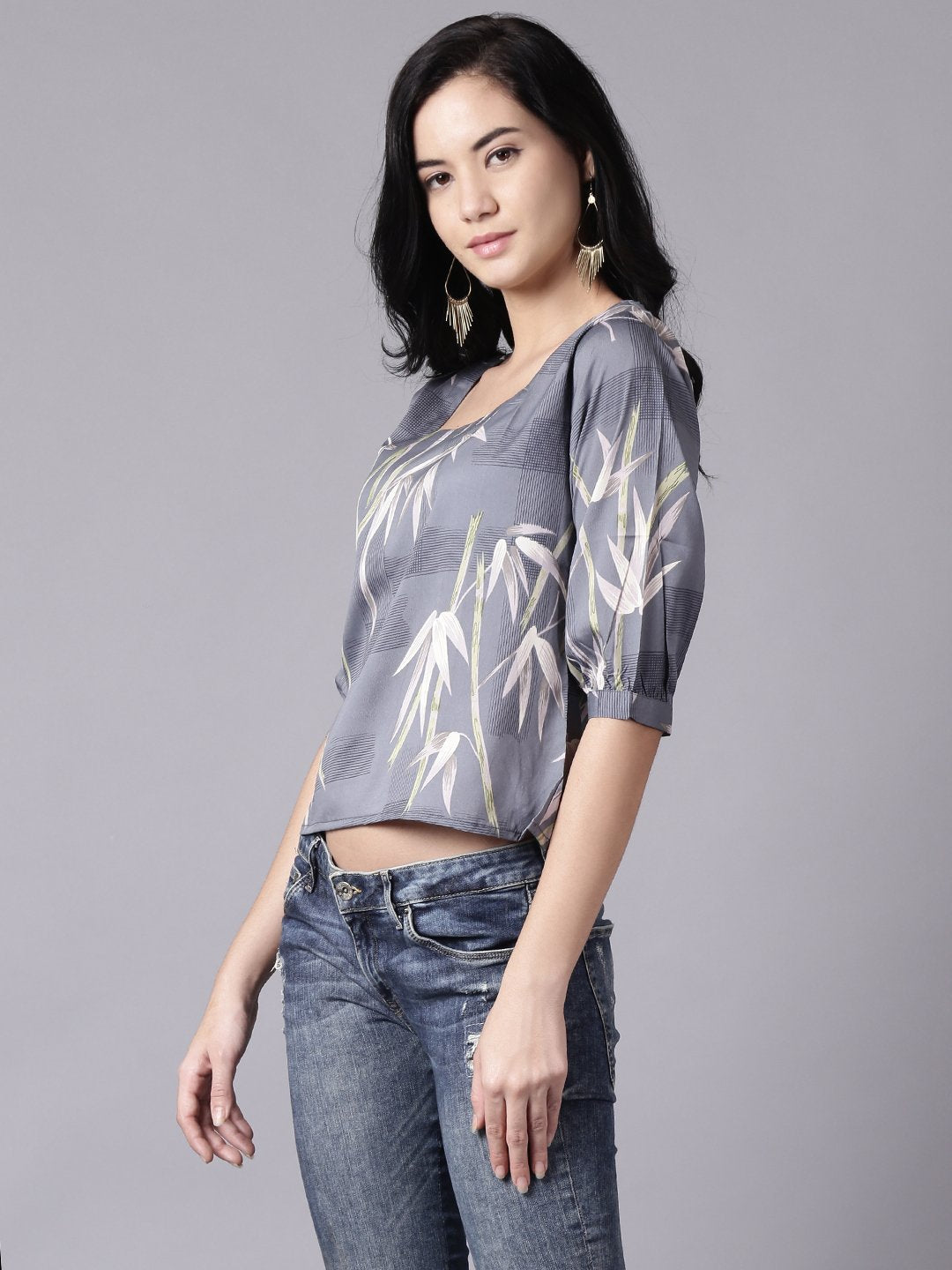 Women Grey Casual Printed Square Neck Top | NOZ2TOZ - Made In INDIA.